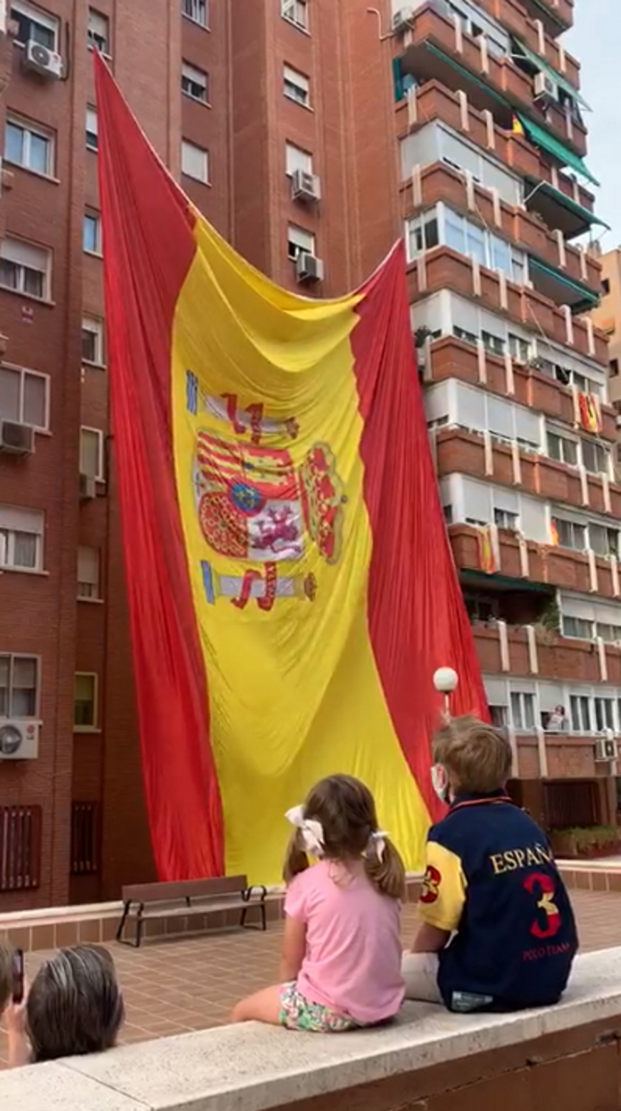 FOTOGRAFÍA. ESPAÑA, 30.05.2020. Día de las Fuerzas Armadas. Un grupo de vecinos celebra el Día de las Fuerzas Armadas izando una gigante bandera. Ñ Pueblo (12)