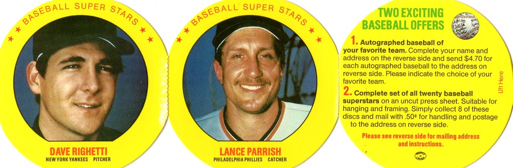 1987 MSA Baseball Superstars Disc Panel (Dave Righetti, Lance Parrish)