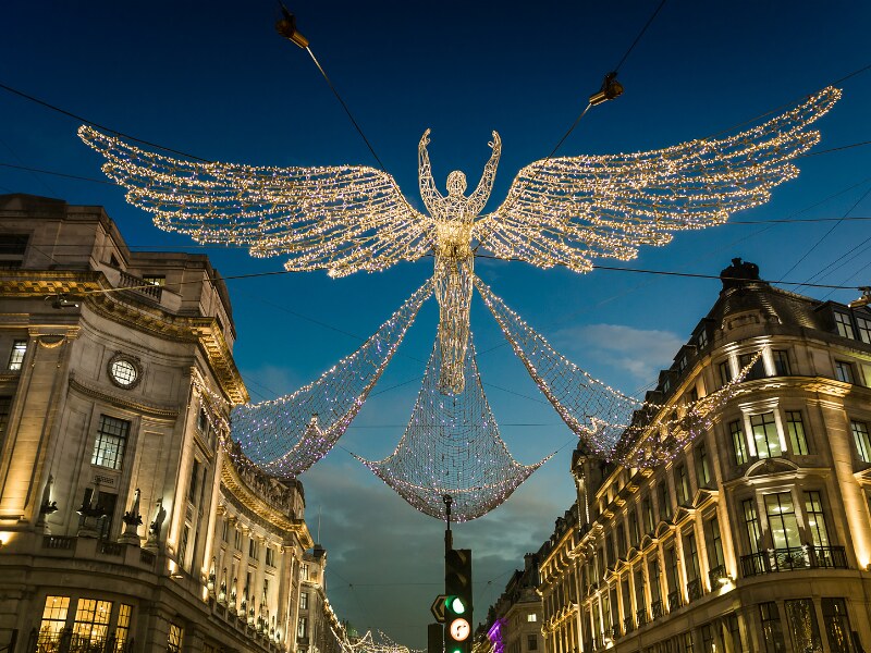 One of the angel made from lights, over Regent street, by night