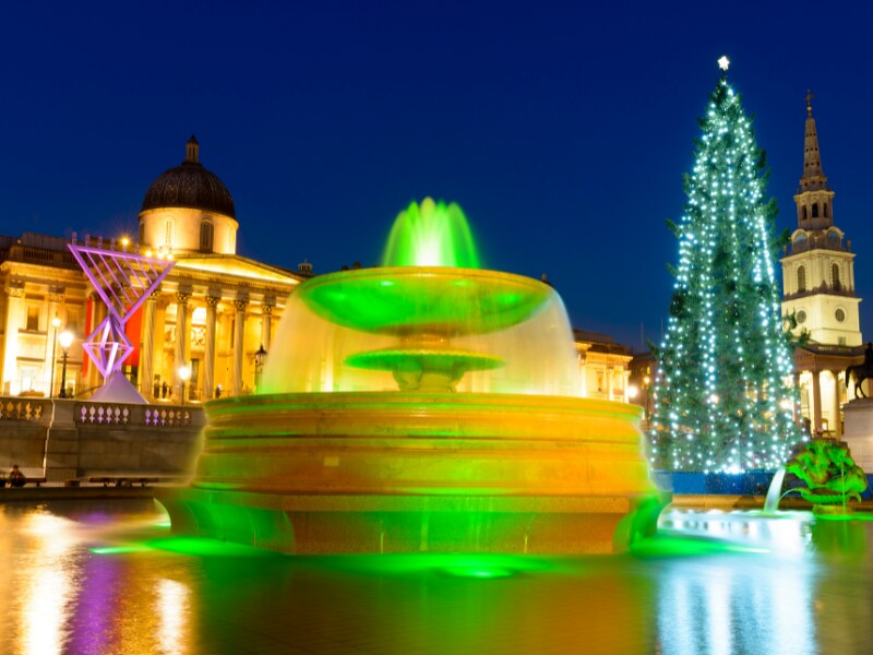 Trafalgar Square and the National Gallery in the back. The photo has been taken by night. The fountain in front is lit in green lights. On the right there is a tall Christmas tree with green lights.