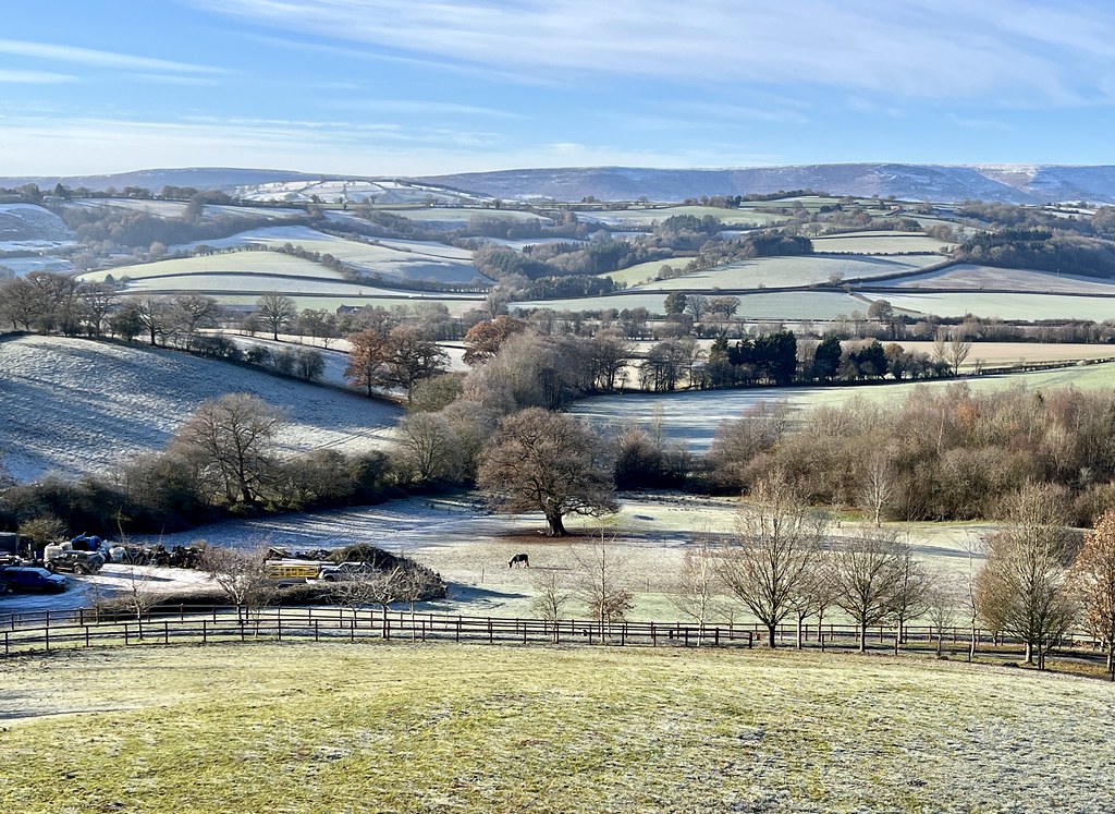 A photo looking across a valley where the trees and fields are dusted with a very light shimmer of snow. The sky is blue and everything is sharp. In the field down the hill a horse grazes under a large tree.