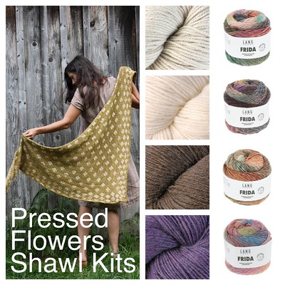 Pressed Flowers Shawl Kits are now available in Berroco Ultra Alpaca and Lang Yarns Frida. Ask about other yarn combinations!