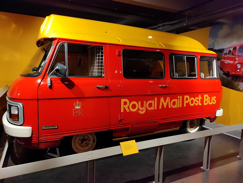 Royal Mail Post Bus on display in the Postal Museum