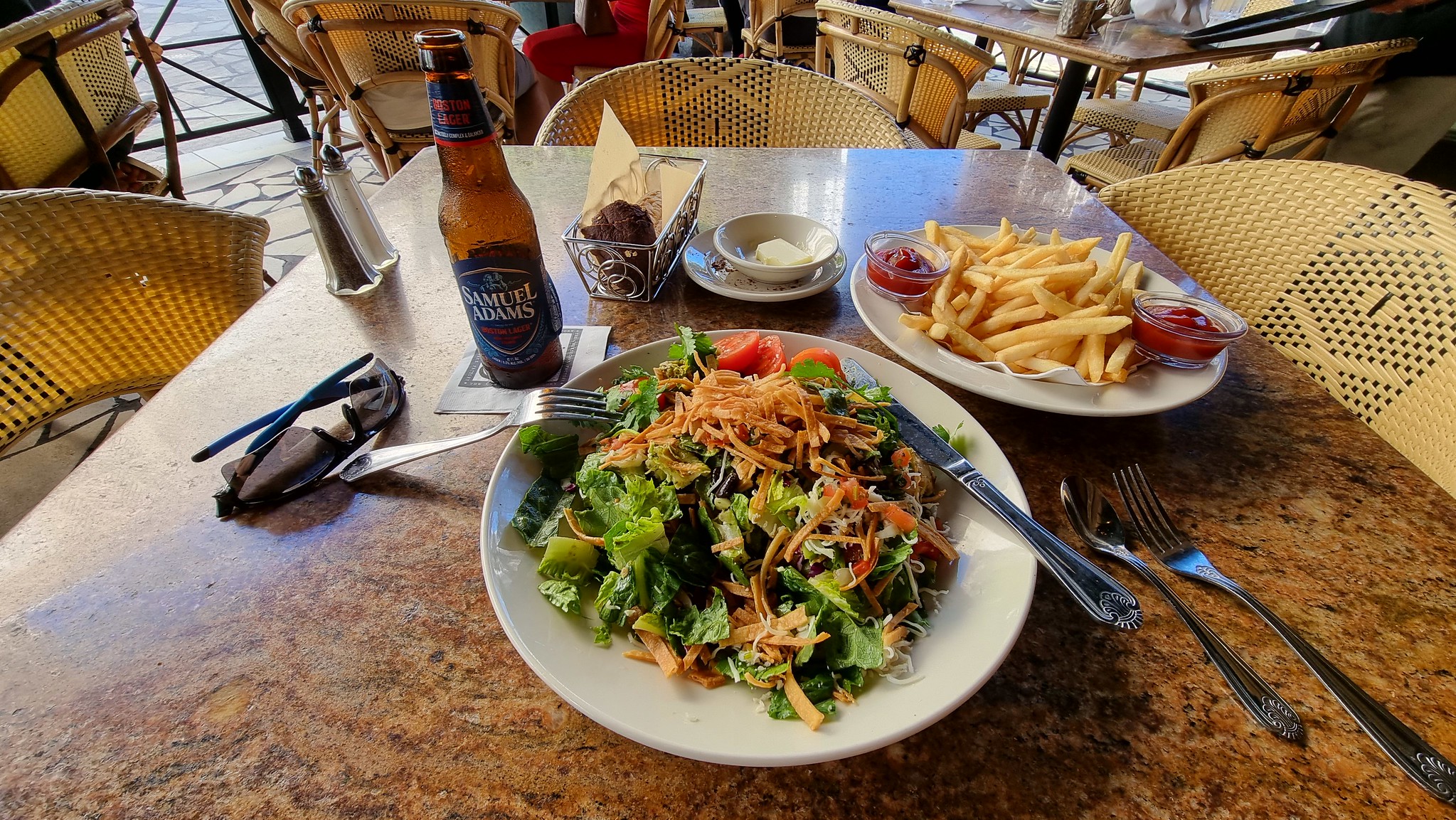 My lunchtime salad, fries and Sam Adams enjoyed at The Cheesecake Factory in Waikiki