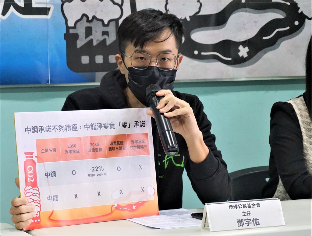 地球公民基金會主任鄧宇佑則批評中鋼淨零承諾不積極，中龍更是「零承諾」。攝影：陳昭宏