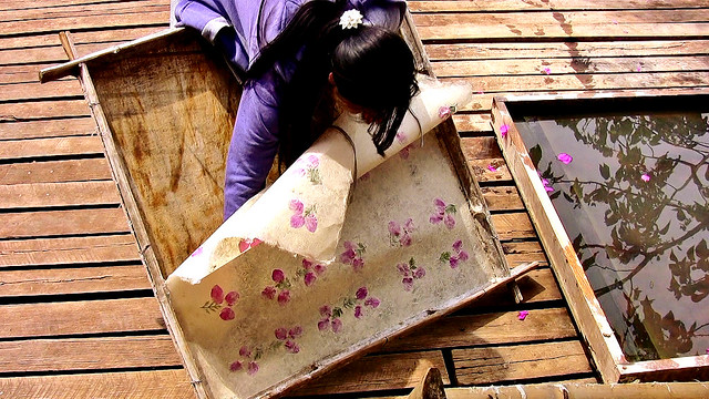 MYANMAR, Burma , auf dem Inle-See, Seidenweberei Tapeten u.ä. aus gepressten Lotosstängeln (2), 21320