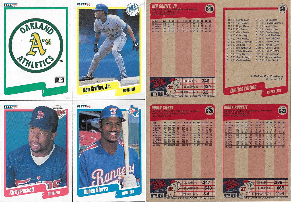 1990 Fleer Wax Box Panel - dark stock (Ken Griffey Jr, Kirby Puckett, Ruben Sierra)