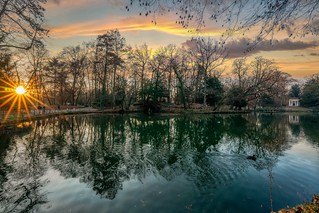 The lake of the park at sunset
