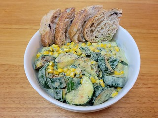 Charred Zucchini and Sweetcorn with Basil Caesar-ish Sauce