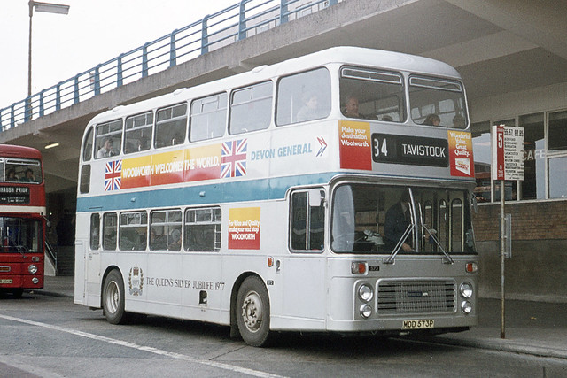 Western National Omnibus Company ( Devon General ) . 573 MOD573P . Bretonside Bus Station , Plymouth , Devon . Saturday morning 30th-April-1977.