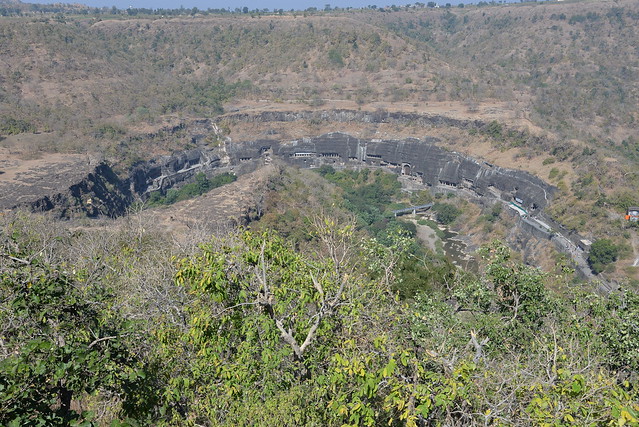 Panoramic view of the Ajanta Caves from the upper level viewpoint