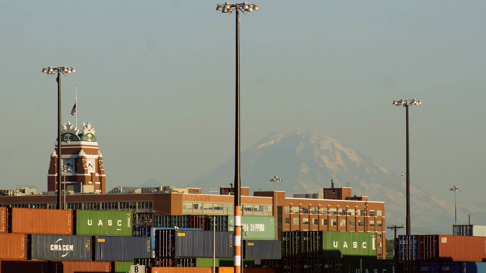 Starbucks Center behind the Port of Seattle with Mount Rainier Behind