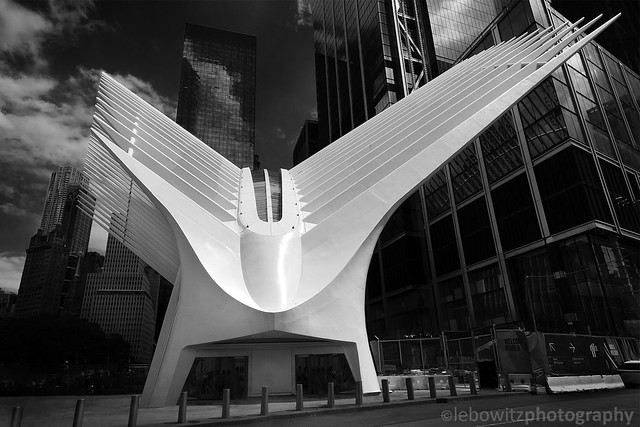 A black and white look at the Oculus in New York City.