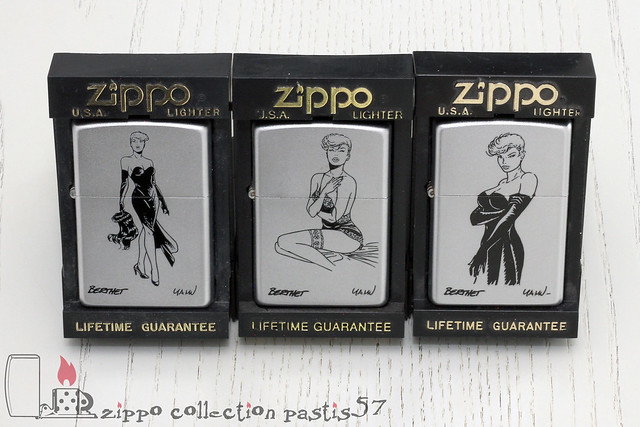 Zippo Pin-Up by Berthet - Yann 2001-08 H-01 with horizontal signatures 3 Reg 205 Classic Satin Chrome