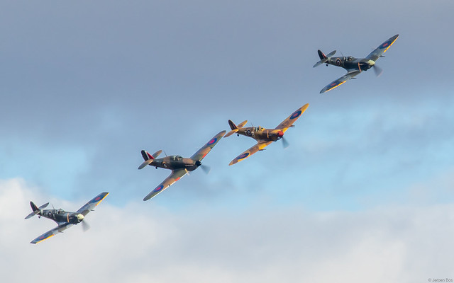 Formation of, left to right: Spitfire LF Vb EP120, Hawker Hurricane Mk.I P2902, Spitfire Mk.V JG891 and Spitfire Mk.Vc EE602 during the Duxford ‘Flying Finale 2022’