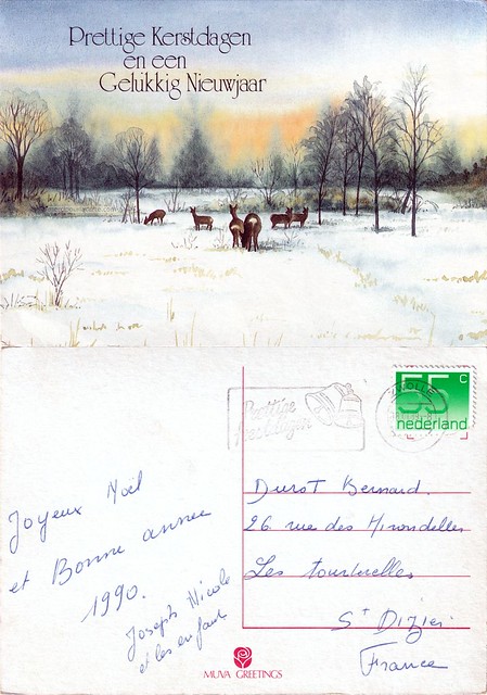 Prettige Kerstdagen en een Gelukkig Nieuwjaar - Troupe de chevreuils paissant dans la campagne enneigée - 1989