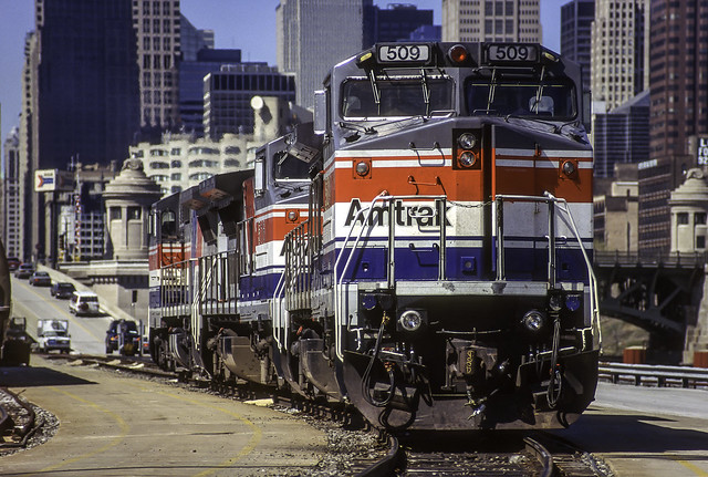 AMTK 509, 516, and another GE B32-8WH awaiting assignment to their outbound train at Chicago Illinois 5-1-97 © Paul Rome
