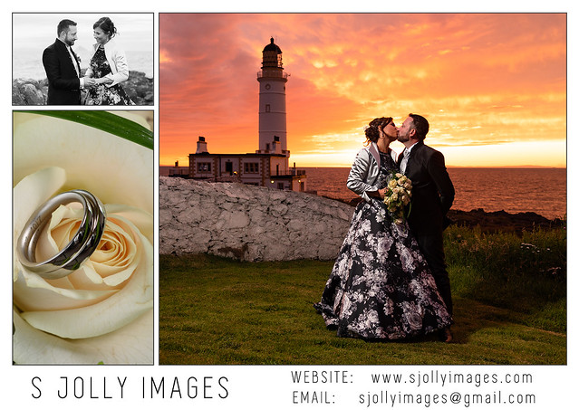 Bride and groom kiss under sunset sky - Corsewall Lighthouse