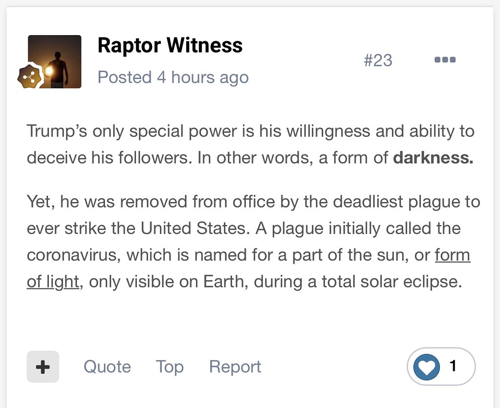 Trump’s darkness removal by a plague of light. Post #23 - https://www.unexplained-mysteries.com/forum/topic/362806-trump-says-he-has-total-immunity-over-jan-6-and-did-nothing-wrong/?do=findComment&comment=7507462