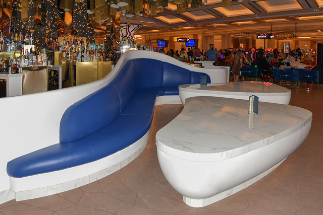 Nevada USA, September 5, 2021 An exotic curved sofa surrounds the luxurious The Crystal bar in the casino center of the Resorts World hotel located at 3000 S Las Vegas Blvd