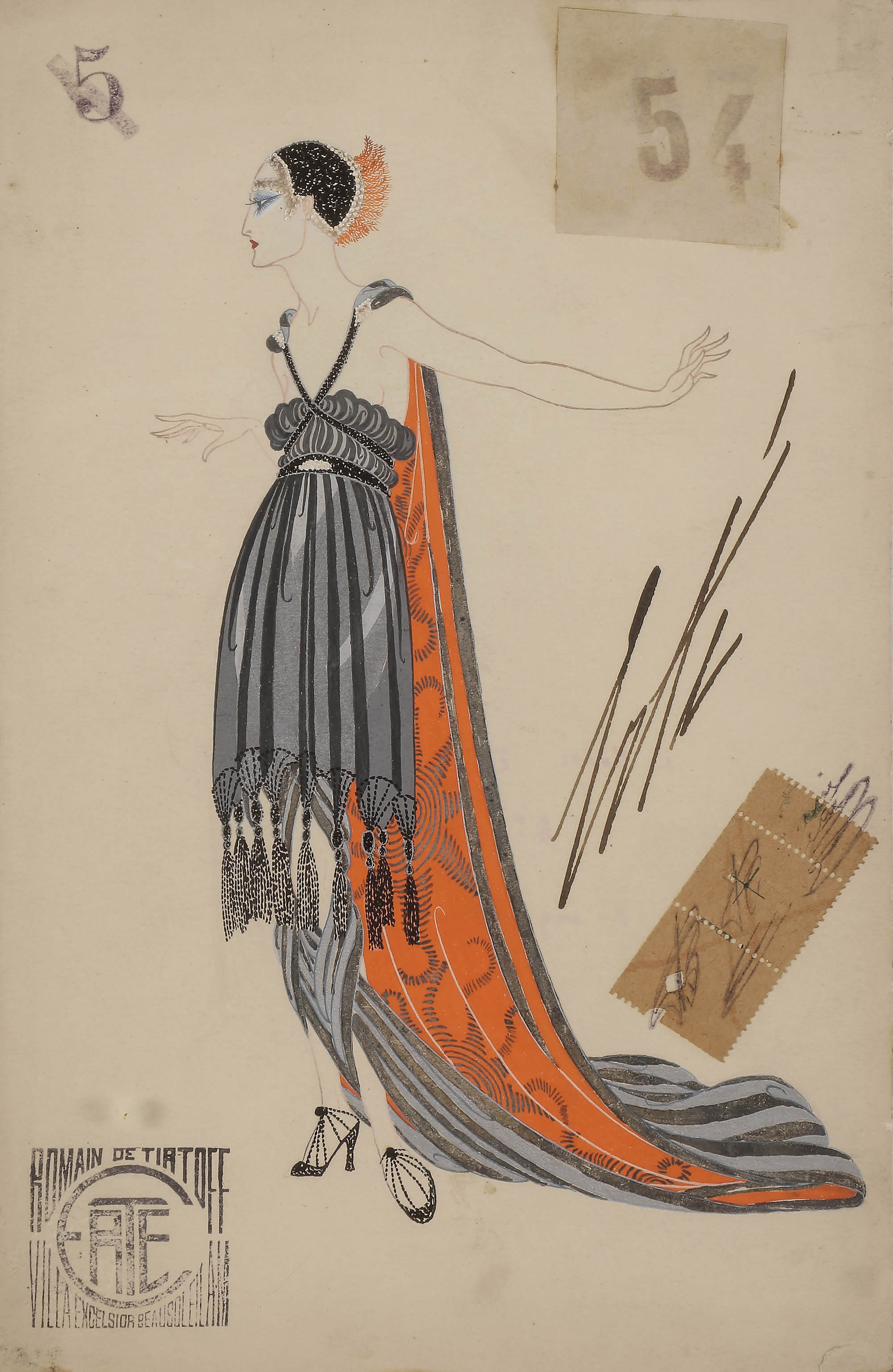 Romain de Tirtoff (1892-1990) dit «Erté» :: «Les Modes excentriques». Robe argent, doublée orange, 1918. Graphite, encre noire, gouache, rehauts d’argent. | src MAD ~ Musée des Arts Décoratifs