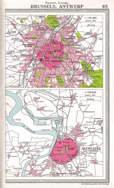 Western Europe, Brussels and Antwerp, Page 65, World Atlas edited by John Bartholomew, Dent & Sons, 1955.