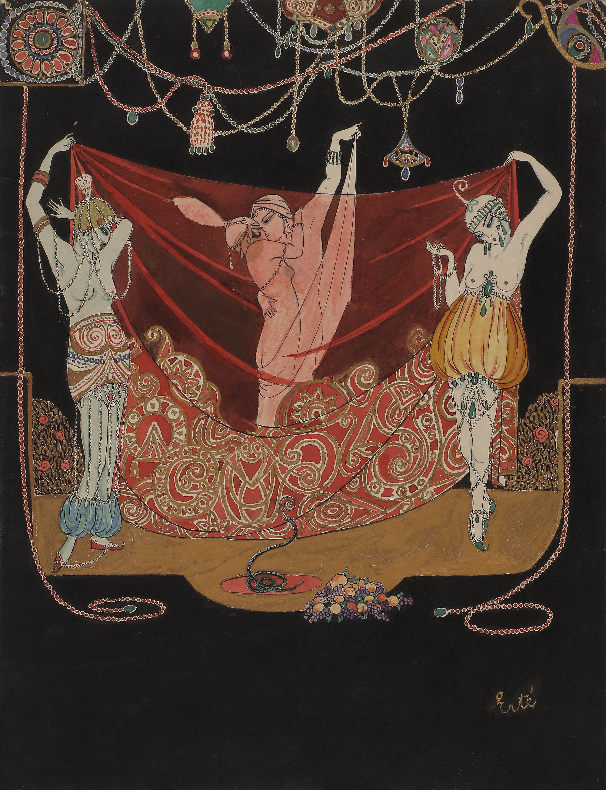 Romain de Tirtoff (1892-1990) :: « Danseurs orientaux », vers 1912. Encre, aquarelle et rehauts d'or. (Ader) | src MAD ~ Musée des Arts Décoratifs