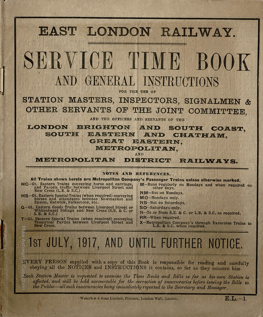 East London Railway ; service time book and general instructions ; 1 July 1917 and until further notice : East London Railway Company, London, 1917