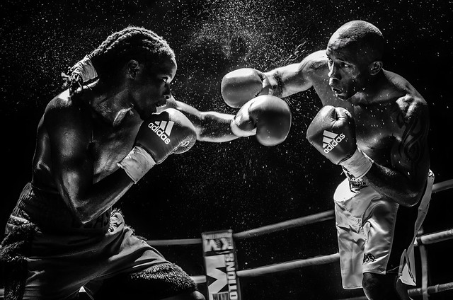 Black and white boxing action