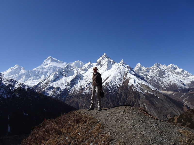 Me and the Manaslu Himal, from the Mayol Khola valley