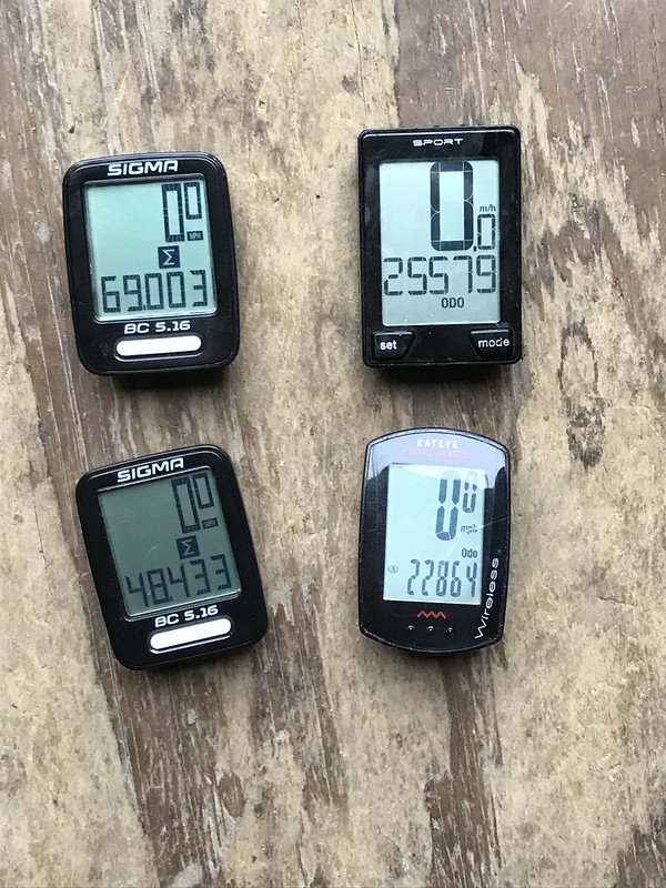 End of 2022 Odometer Readings. Clockwise from upper left: The Mule, The CrossCheck, Little Nellie, Big (Old) Nellie. 165,869 total. #specializedsequoia #surlycrosscheck #Bikefriday #Newworldtourist #Toureasy