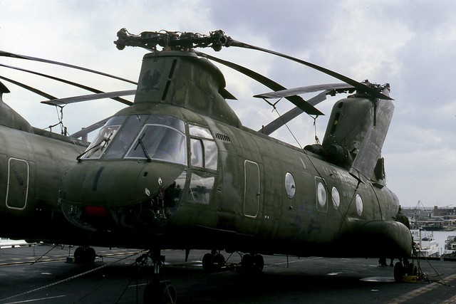 153968 USMC Sikorsky CH-46E seen on the deck of USS Saipan (LHA-2) which was docked in Portsmouth Harbour after the first Mediterranean deployment by an LHA