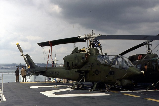 160107 USMC Bell AH-1T Cobra seen on the deck of USS Saipan (LHA-2) which was docked in Portsmouth Harbour after the first Mediterranean deployment by an LHA