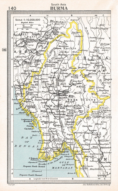 South Asia, Burma, Page 140, World Atlas edited by John Bartholomew, Dent & Sons, 1955.