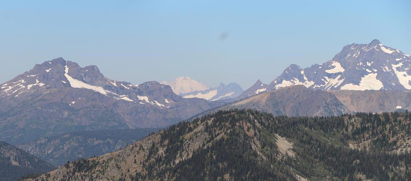 Zoomed-in view of Crater Mountain, Mount Baker (50 miles away!), and Jack Mountain from the Pacific Crest Trail