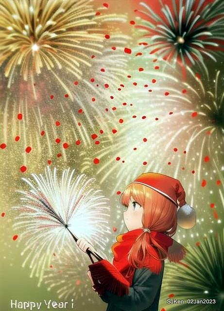 AI painting artwork creation --- Happy New Year 2023 Fireworks show(小女孩的奇幻焰火秀幸福之旅!), Taipei, Taiwan, SJKen, Jan 2, 2023.
