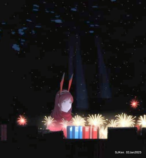 AI painting artwork creation --- Happy New Year 2023 Fireworks show(小女孩的奇幻焰火秀幸福之旅!), Taipei, Taiwan, SJKen, Jan 2, 2023.