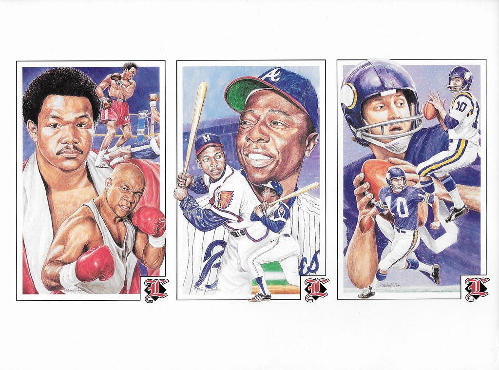 1992 Legends Magazine Postcard Panel (George Foreman, Hank Aaron, Fran Tarkenton)