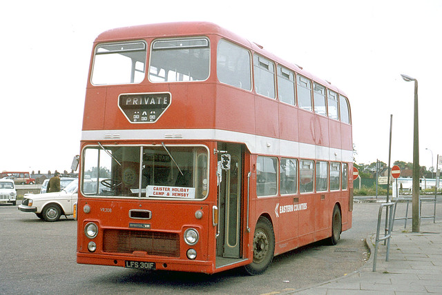 Eastern Counties Omnibus Company . VR308 LFS301F . Outside Great Yarmouth Railway Station , Norfolk . Sunday afternoon 12th-June-1977.