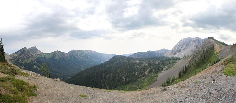 Panorama shot from Rock Pass, with Three Fools Peak on the far left and Holman Peak in the far right