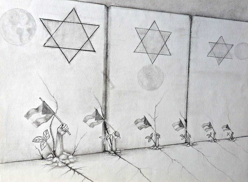 Zionist wall and palestinian flag pushing up from ground sketch bw