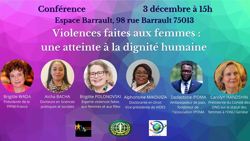 Invitation à la Conférence, co-organisée par la Fédération des femmes pour la paix mondiale, la Fédération pour la paix universelle, et l'Association Internationale pour le Développement Economique et Social - Afrique/France