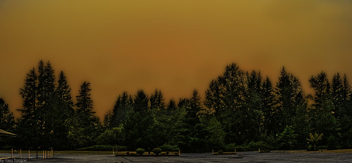 In Aug 2018, fires in British Columbia, Canada created this colorful sky in Bellingham/Ferndale, WA.  438-Pano-Edita by Yasu Torigoe, Multiphoto panorama of a shopping center in Bellingham, WA.  The smoke was so thick and blocked the 