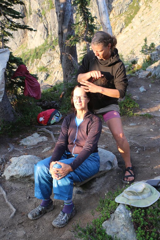 We met PNT Thru-hiker Z who volunteered to braid Vicki's hair after we complimented her own braid