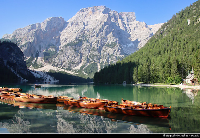 Boats on Pragser Wildsee, South Tyrol, Italy