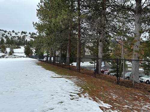 Install of new black perimeter fence top rail and chain-link fabric underway, south side fence line looking east.