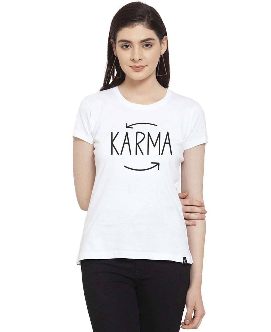 Women's Cotton Blend Karma Printed T-Shirt (White) Women's Cotton Blend Karma Printed T-Shirt (White)