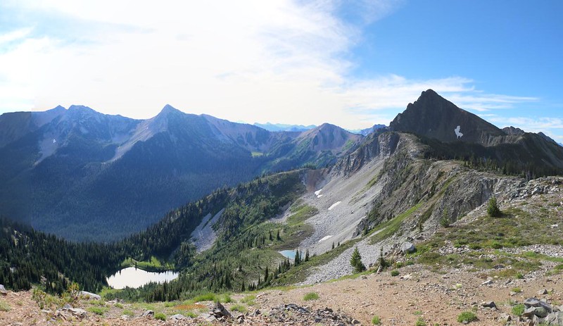 View southeast at Lake 6094 from Lakeview Ridge, with Three Fools Peak, far right