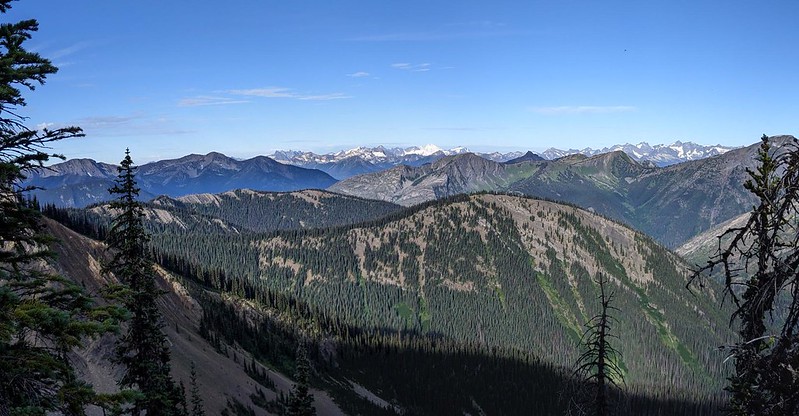 Panorama shot looking west toward the snowy peaks of North Cascades National Park from Lakeview Ridge