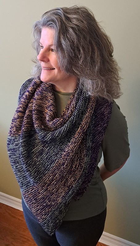 Beverley has ventured outside of knitting socks with this Beginner Diagonal Shawl by Nancy Queen and the Noble Knits Blog. Yarn is her favourite ZenYarnGarden Serenity 20 held double with all her leftover Cascade Heritage Silk Peruvian Tones.